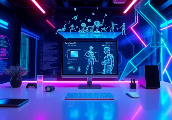 展示Nano Banana AI平台的高科技工作空間，強調其先進的AI圖像編輯能力與3D公仔生成界面。