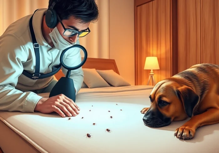 Technicus inspecteert een slaapkamer op bedwantsen met detection dog en lamp