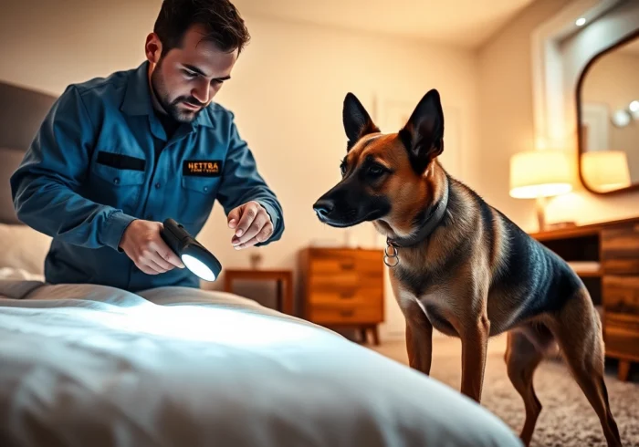 Pest control technician inspecting a bedroom with detection dog for bedbugs under bright lighting