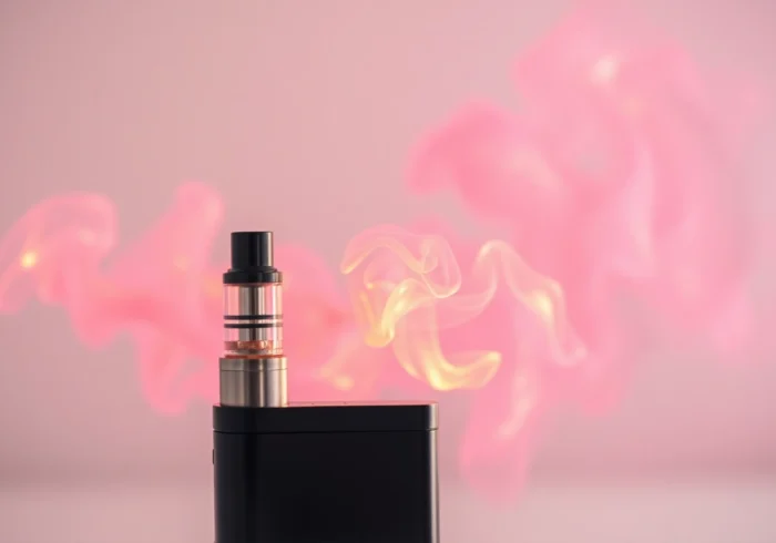 E-cigarette user inhaling vapor with colorful clouds, showcasing modern vaping device in a