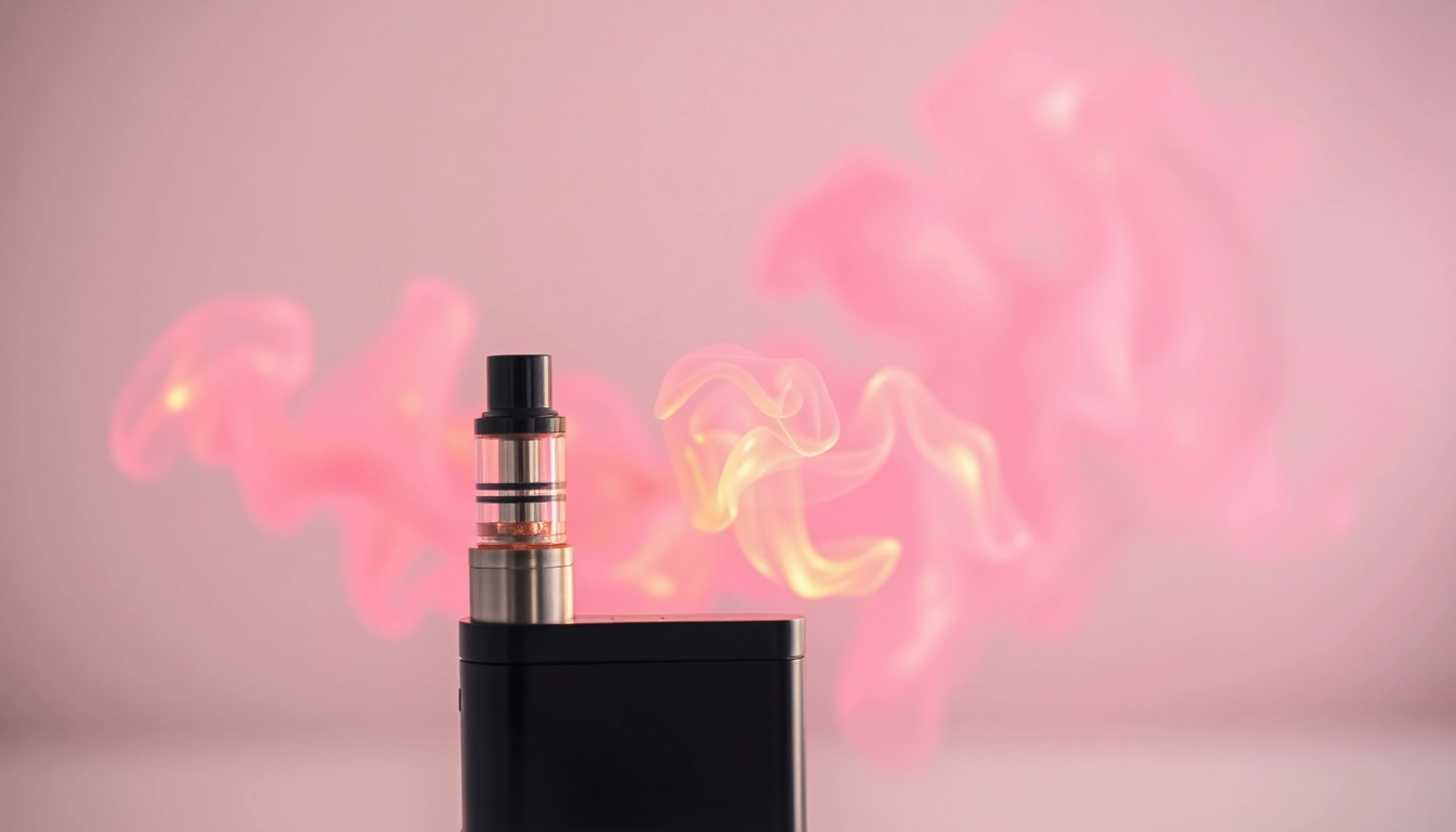 E-cigarette user inhaling vapor with colorful clouds, showcasing modern vaping device in a