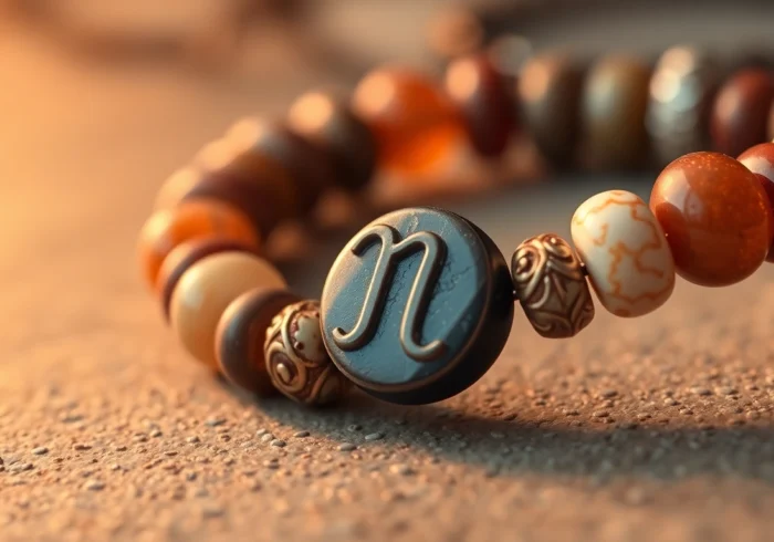 Elegant bransoletka znak zodiaku featuring natural stones and zodiac symbol visible on a