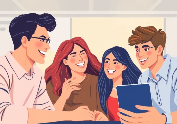 Active group of friends chatting online on Greek chat platforms, engaging and modern digital
