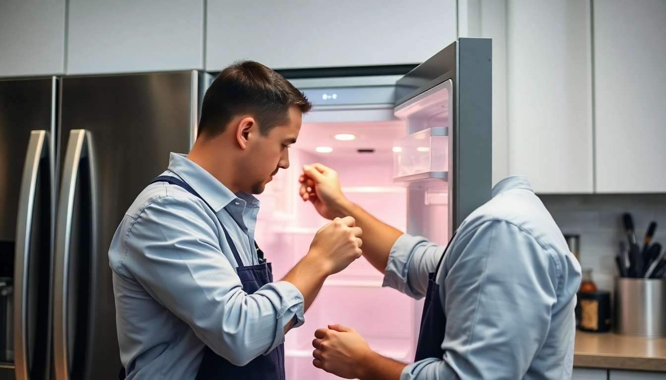 Certified appliance repair Hamilton technician fixing refrigerator in modern kitchen to ensure