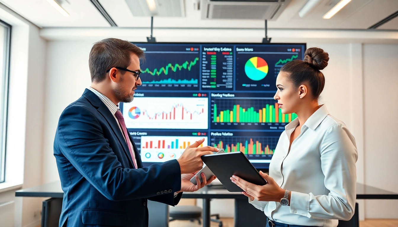 Financial experts reviewing investment market updates on digital screens in a professional