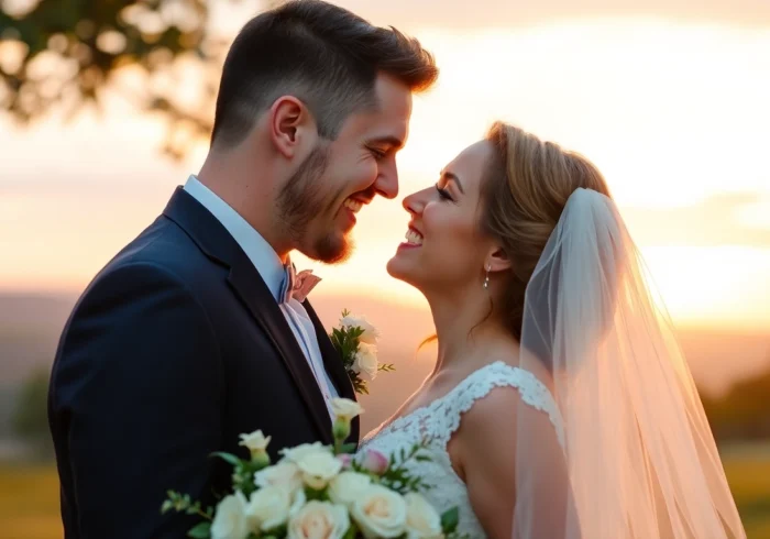 Skilled eskuvoi fotos capturing candid moments of a joyful couple during sunset outdoor wedding